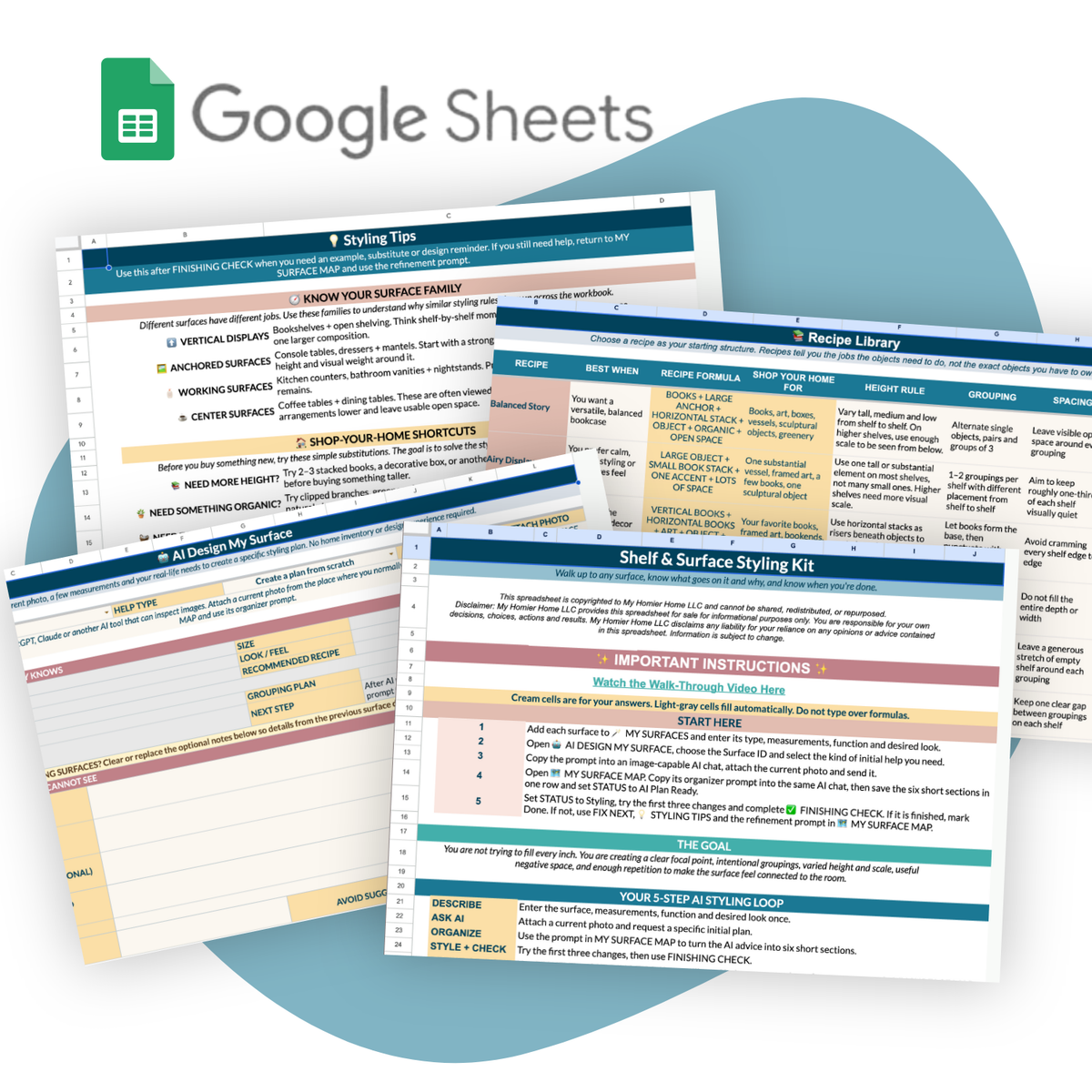 Several Google Sheets templates are shown, featuring tables and text with home styling tips, a recipe library, and a step-by-step kit for shelf styling; the My Homier Home logo and Shelf and Surface Styling Kit title are displayed at the top.