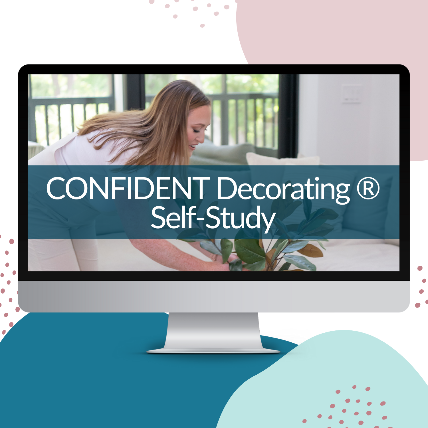 On her computer, a woman adjusts a plant on a couch with the text: "Confident Decorating® Self-Study by My Homier Home." Start your DIY home makeover journey with our planning program.