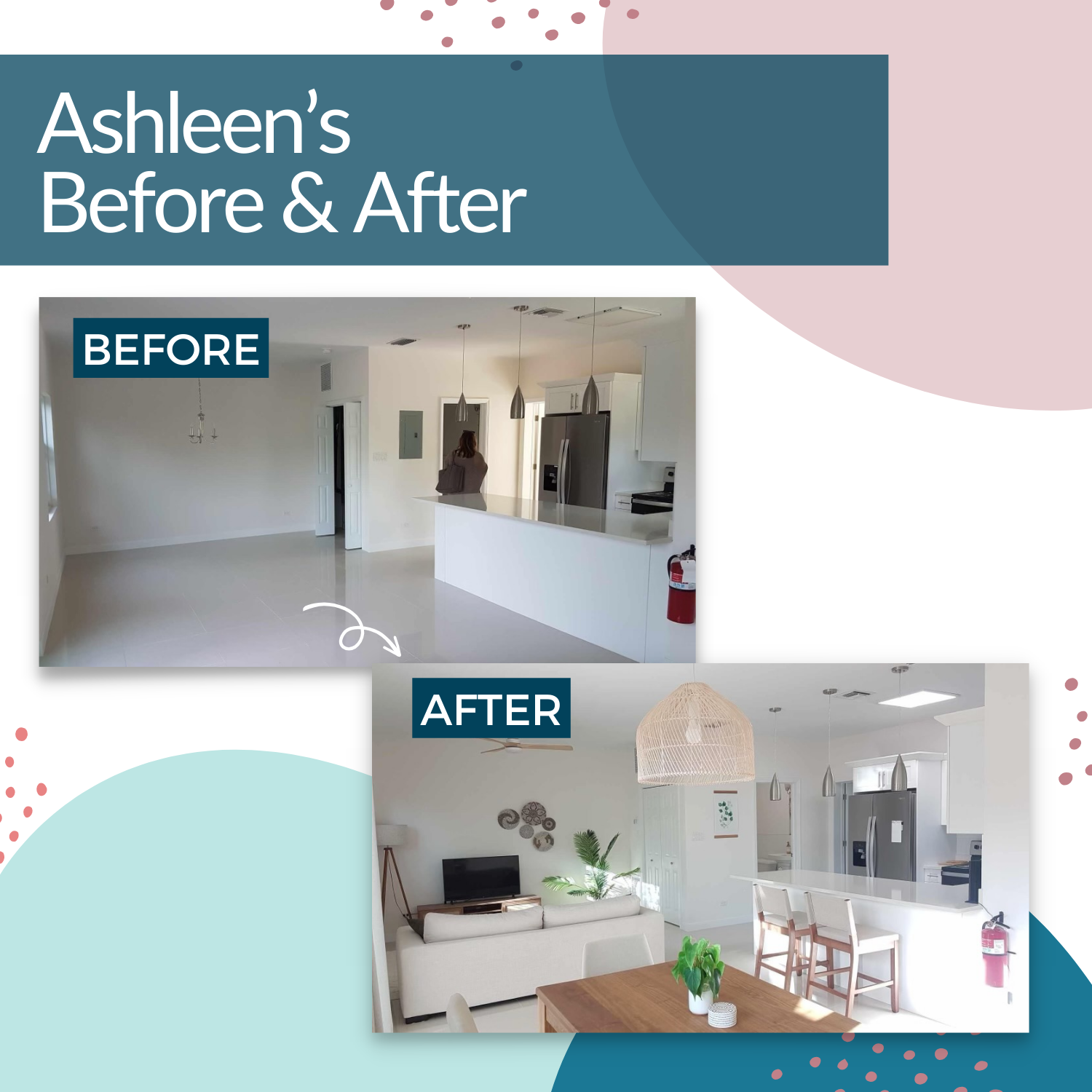 A two-panel image displays a stunning room makeover with the "Before" picture empty and the "After" featuring a cozy couch, dining table, and stylish decor. It&