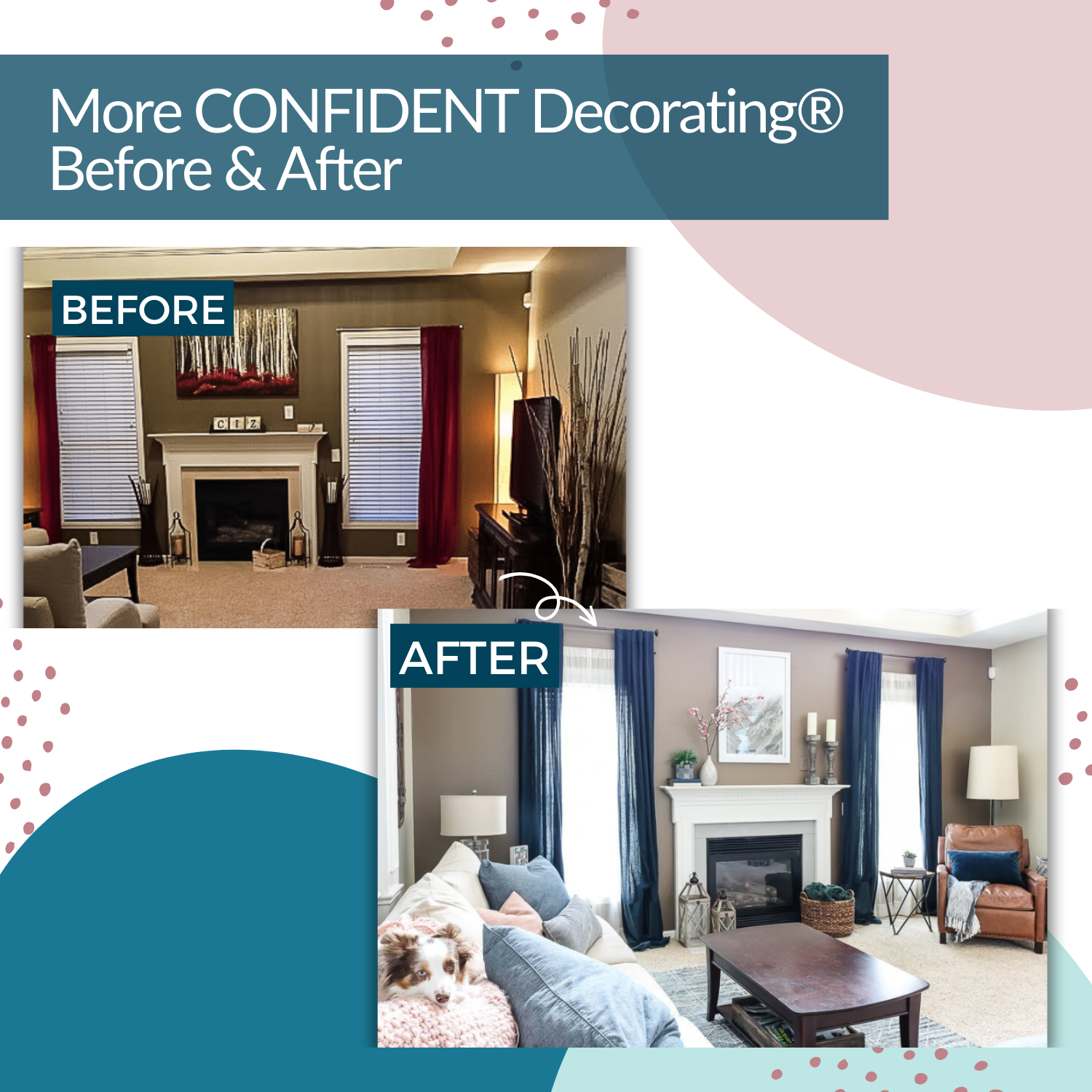 Watch the remarkable transformation of this living space from dark with red curtains to a brighter oasis with blue drapes and expertly arranged furniture, all achieved through My Homier Home&