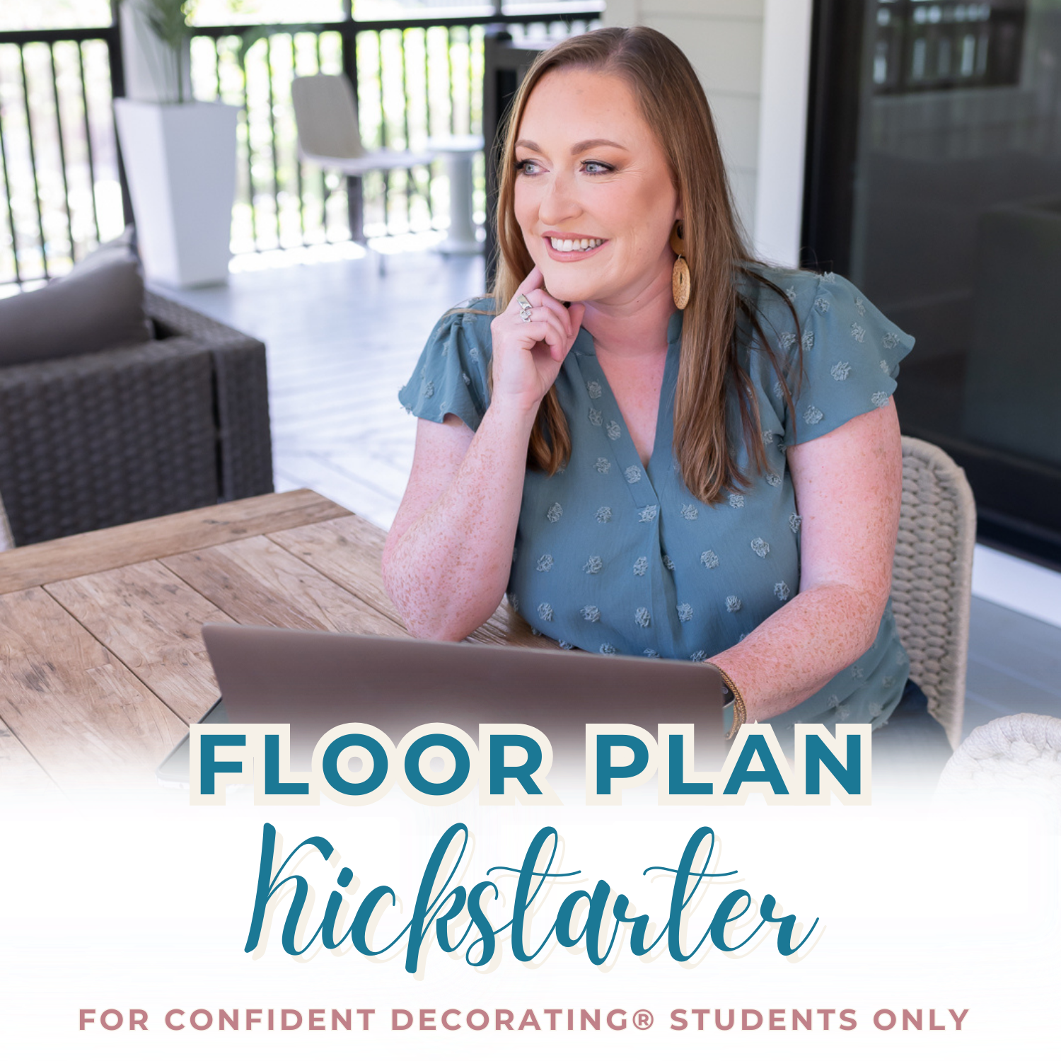 A smiling woman with a laptop on a patio. Text: "Floor Plan Kickstarter for Confident Decorating® Students. Available only at My Homier Home.