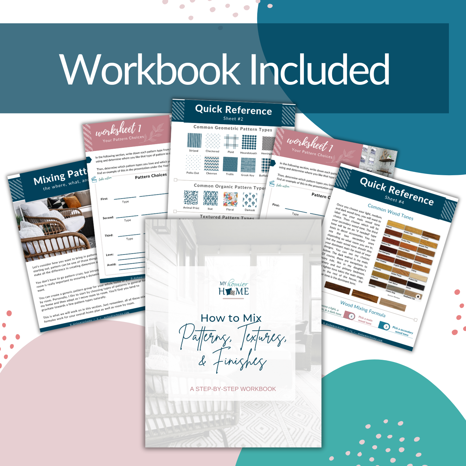 A workbook titled "How to Make a Patchwork Quilt" that focuses on various patterns and finishes is replaced with a workshop titled "How to Mix Patterns, Textures, and Finishes Workshop" by the brand My Homier Home.