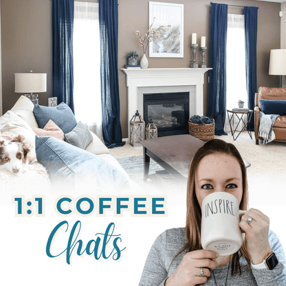 A woman is holding a coffee mug in front of a living room while engaging in 11 1:1 Coffee Chats with Christin discussing custom advice for home design decisions, sponsored by My Homier Home.