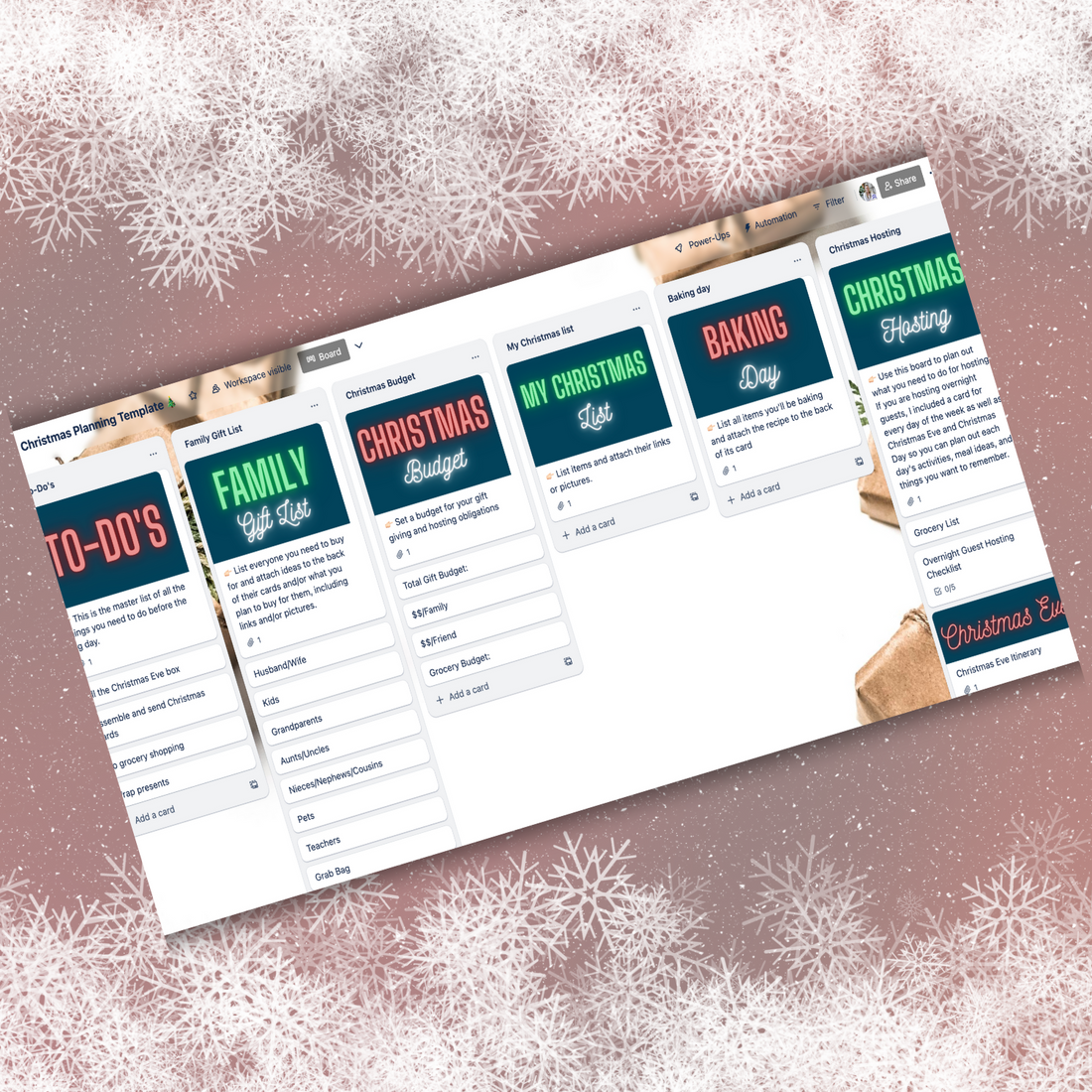 A My Homier Home Christmas Planning Trello Template for holiday preparation, featuring a festive page with snowflakes.