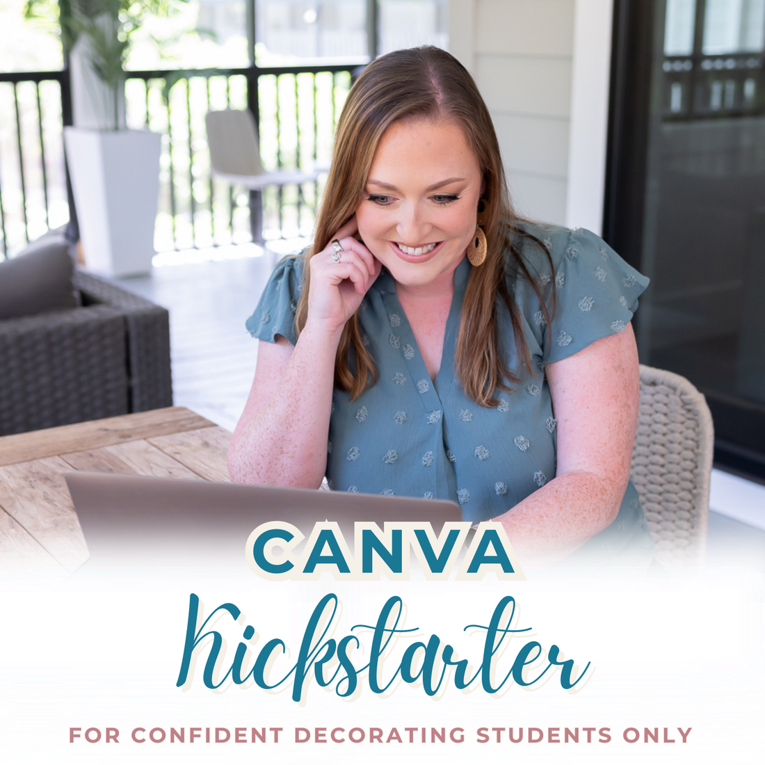 Woman using a laptop while sitting at a table, with a text overlay that reads &quot;My Homier Home Canva Design Board Kickstarter: Exclusively for Confident Decorating Students Only—skip the Canva tech tutorial and dive into creating your perfect mood and design board.