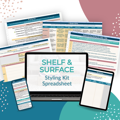Four mobile devices and a laptop showcase different sections of the Shelf and Surface Styling Kit by My Homier Home—an AI-powered Google Sheets workbook—against a pastel abstract background, providing a personalized styling plan for your space.
