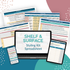 Four mobile devices and a laptop showcase different sections of the Shelf and Surface Styling Kit by My Homier Home—an AI-powered Google Sheets workbook—against a pastel abstract background, providing a personalized styling plan for your space.