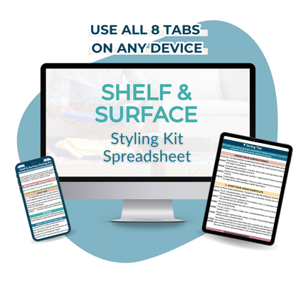 A computer monitor, smartphone, and tablet showcase the “Shelf and Surface Styling Kit” by My Homier Home, demonstrating how you can conveniently access this Google Sheets decor workbook on any device for easy shelf styling.