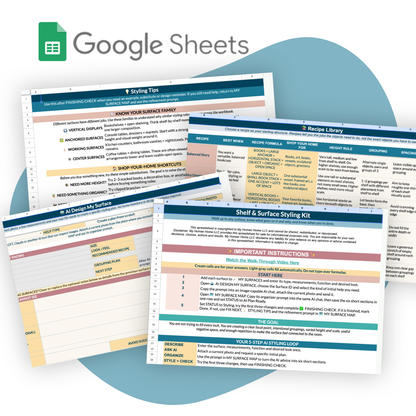 Several Google Sheets templates are shown, featuring tables and text with home styling tips, a recipe library, and a step-by-step kit for shelf styling; the My Homier Home logo and Shelf and Surface Styling Kit title are displayed at the top.