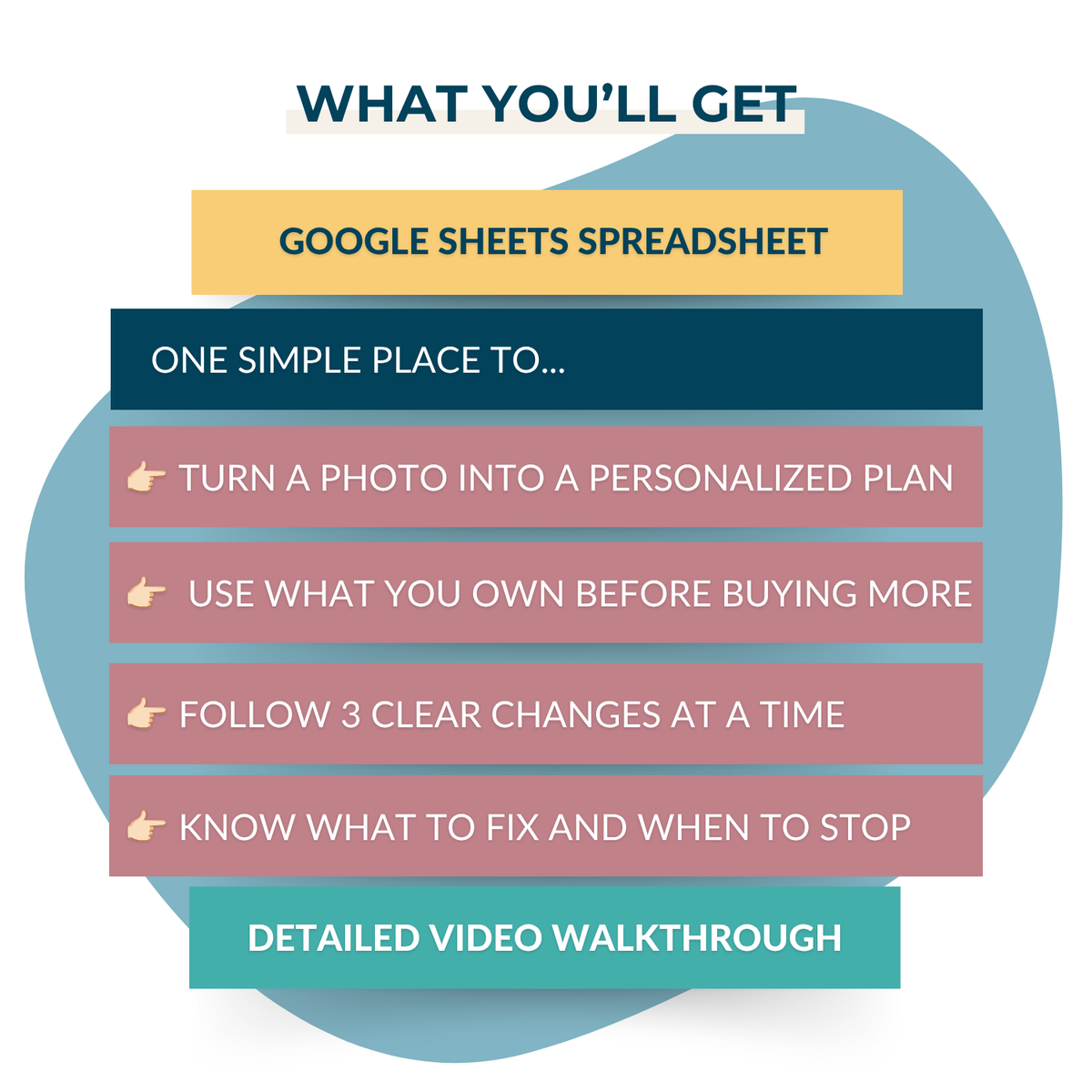 Infographic listing benefits: The Shelf and Surface Styling Kit by My Homier Home includes a Google Sheets decor workbook, a personalized plan, guidance on using existing items, clear steps for changes, tips to know when to stop, a detailed video walkthrough, and an AI-powered styling plan—everything you need in one kit.