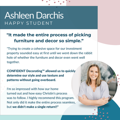 A testimonial image with text praising &quot;Confident Decorating™ Self-Study by My Homier Home&quot; for simplifying the room makeover process, featuring a photo of a smiling person named Christin.