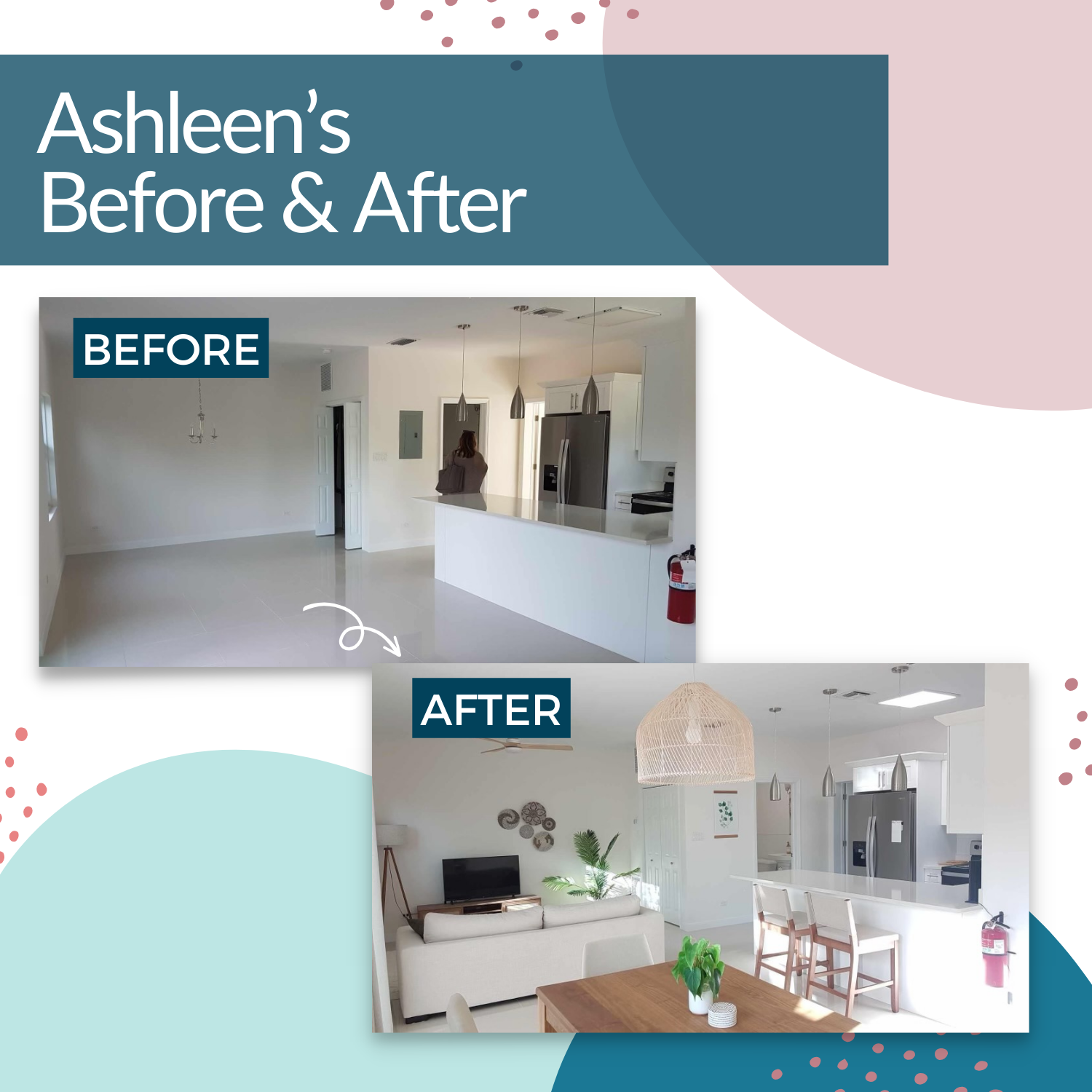 Before and after view of a kitchen-living area transformation. The &