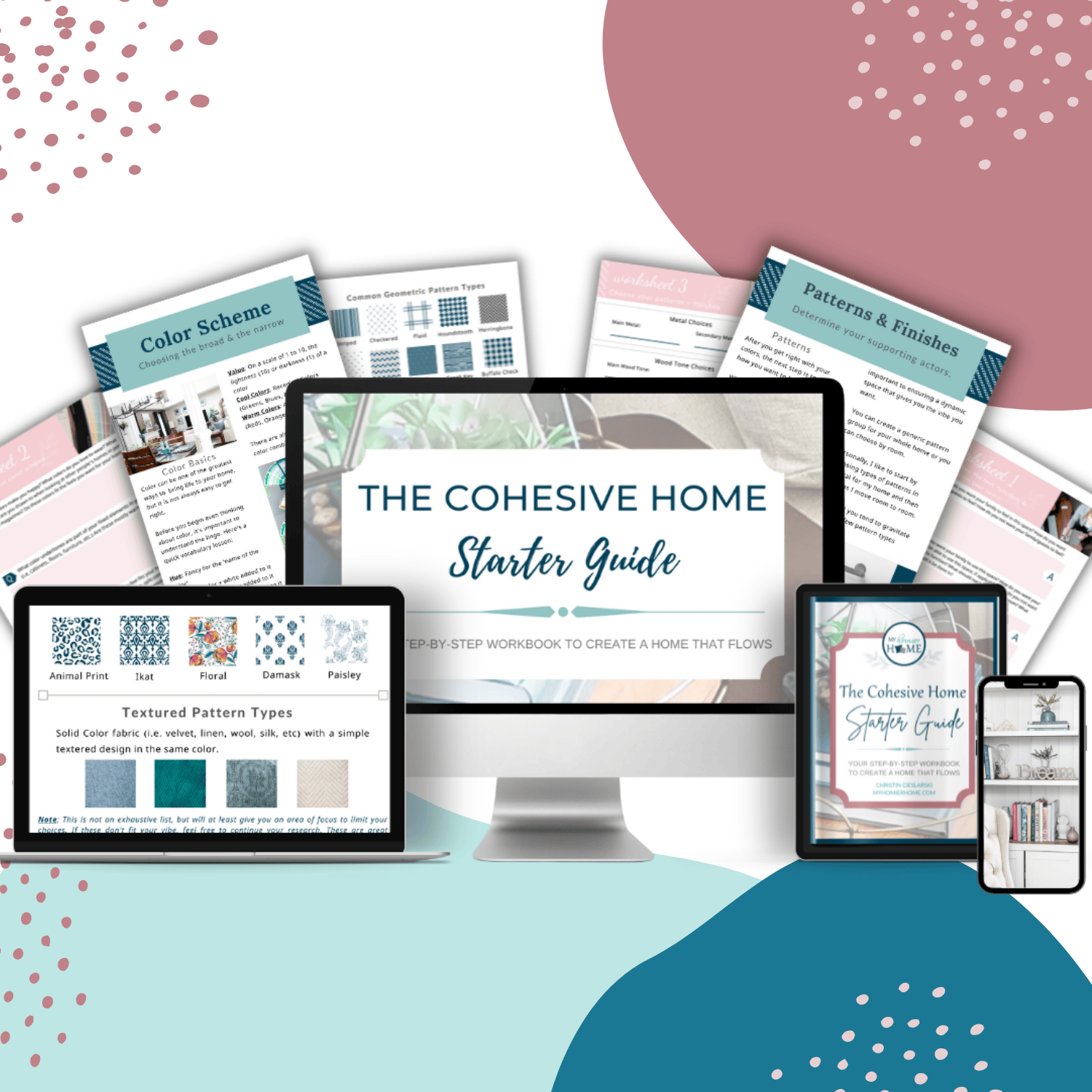 Assorted devices feature &quot;Cohesive Home Starter Guide&quot; by My Homier Home, showing design guides and a decorating plan with color scheme references, creating a unique style.