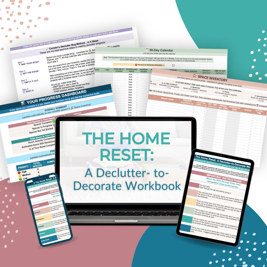 A laptop and smartphones show "The Home Reset: A Declutter-to-Decorate Workbook" by My Homier Home, surrounded by printed worksheets on a teal and white background.