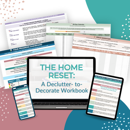 A laptop and smartphones show "The Home Reset: A Declutter-to-Decorate Workbook" by My Homier Home, surrounded by printed worksheets on a teal and white background.