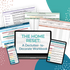A laptop and smartphones show "The Home Reset: A Declutter-to-Decorate Workbook" by My Homier Home, surrounded by printed worksheets on a teal and white background.