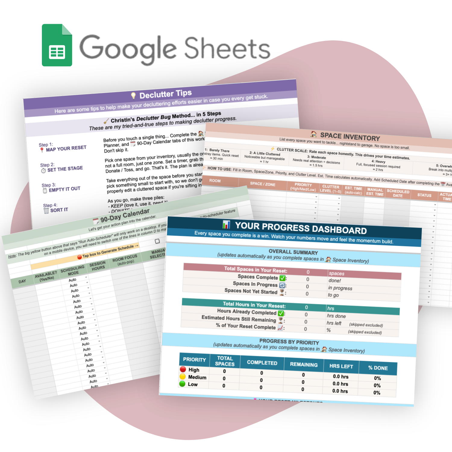 The Home Reset: A Declutter-to-Decorate Workbook by My Homier Home offers Google Sheets templates for decluttering, including a 90-day plan, calendar, space inventory, tips, and progress dashboard to organize your home.