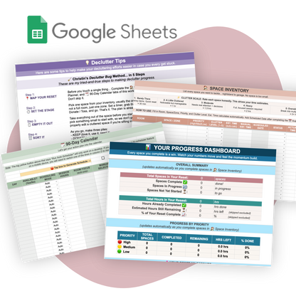 The Home Reset: A Declutter-to-Decorate Workbook by My Homier Home offers Google Sheets templates for decluttering, including a 90-day plan, calendar, space inventory, tips, and progress dashboard to organize your home.