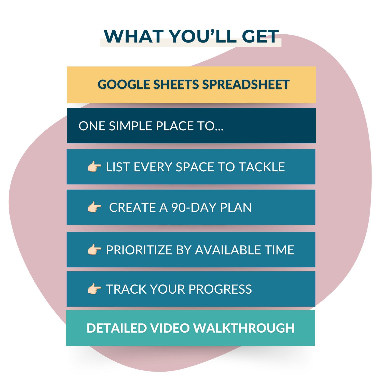The Home Reset: A Declutter-to-Decorate Workbook by My Homier Home features a Google Sheets planner, space listing, decluttering workbook, 90-day home organization plan, time prioritization tools, progress tracking, and a video walkthrough.