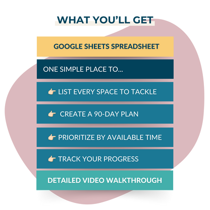 The Home Reset: A Declutter-to-Decorate Workbook by My Homier Home features a Google Sheets planner, space listing, decluttering workbook, 90-day home organization plan, time prioritization tools, progress tracking, and a video walkthrough.