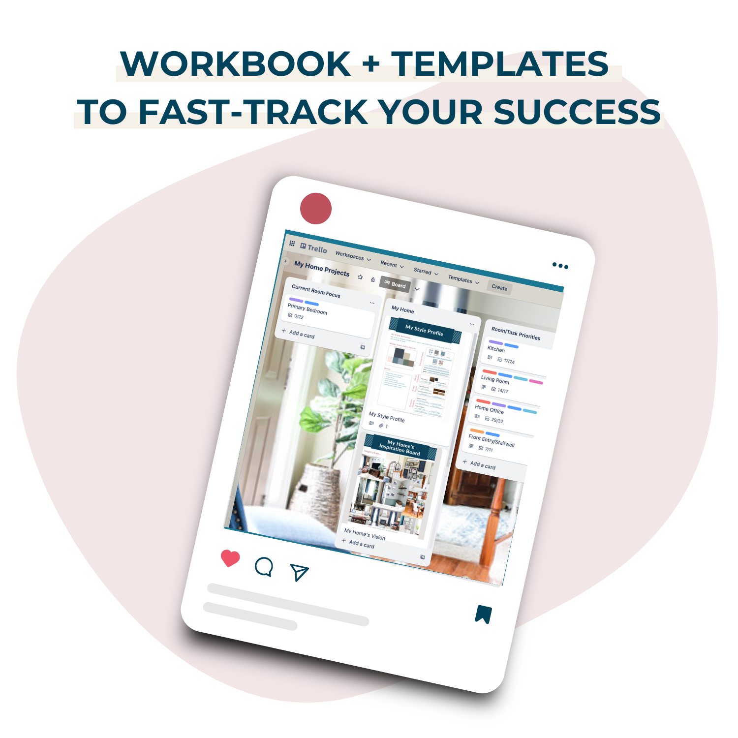 A digital graphic showing a Trello board on a tablet with the text "Perfect Paint Colors Workshop by My Homier Home – Workbook + Templates to Fast-Track Your Paint Color Confidence" above it.